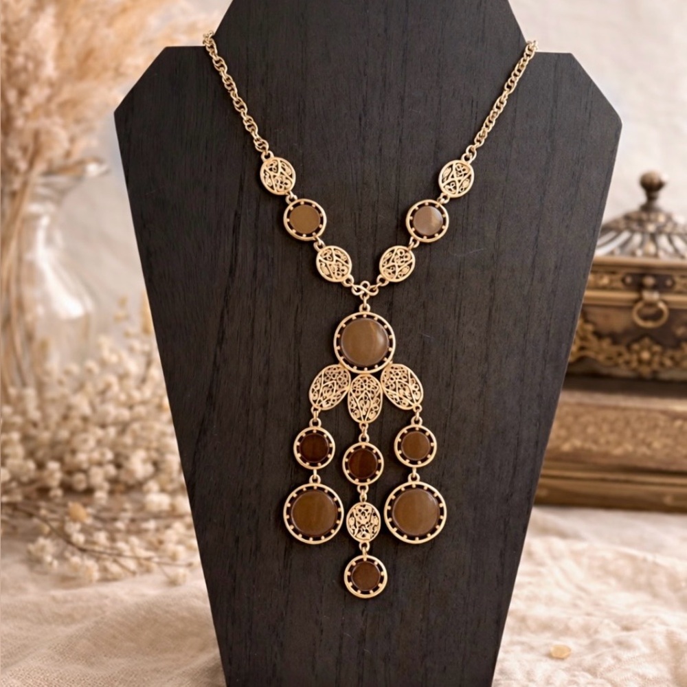Vintage Filigree Statement Necklace with brown cabochon stones-Boho pendant